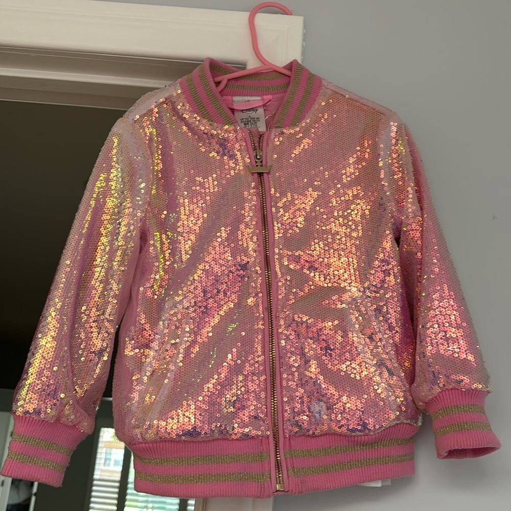 Beautiful little girls size 4 Disney sequins pink jacket with gold detail.